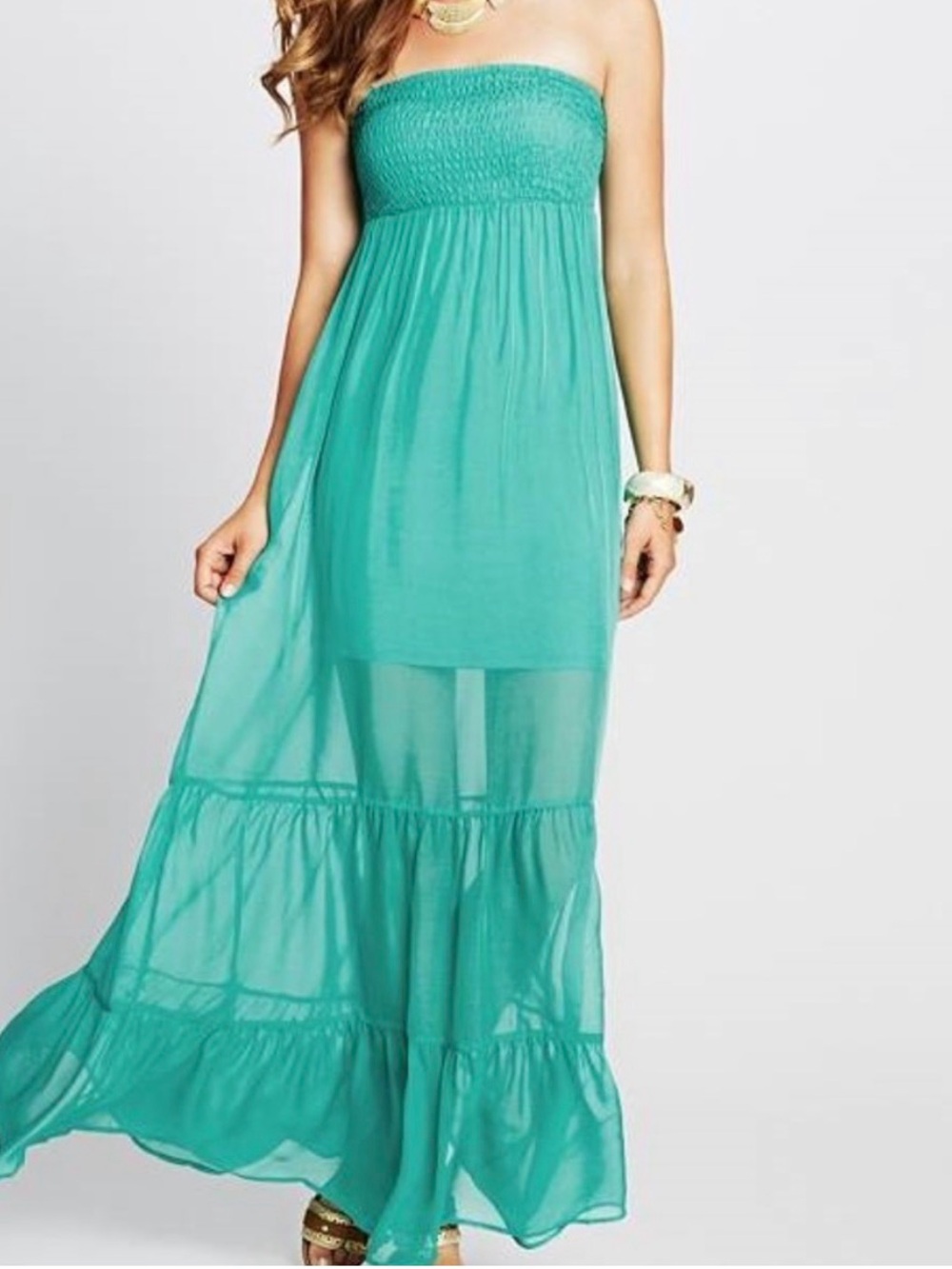 2 GUESS SMOCKED BLACK & Turquoise STRAPLESS SILK MAXI
